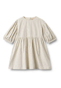Gestreiftes Kleid mit rundem Ausschnitt, Puffärmeln und ausgestelltem Rock. Der Stoff ist leicht, cremefarben mit marineblauen und olivgrünen Streifen.