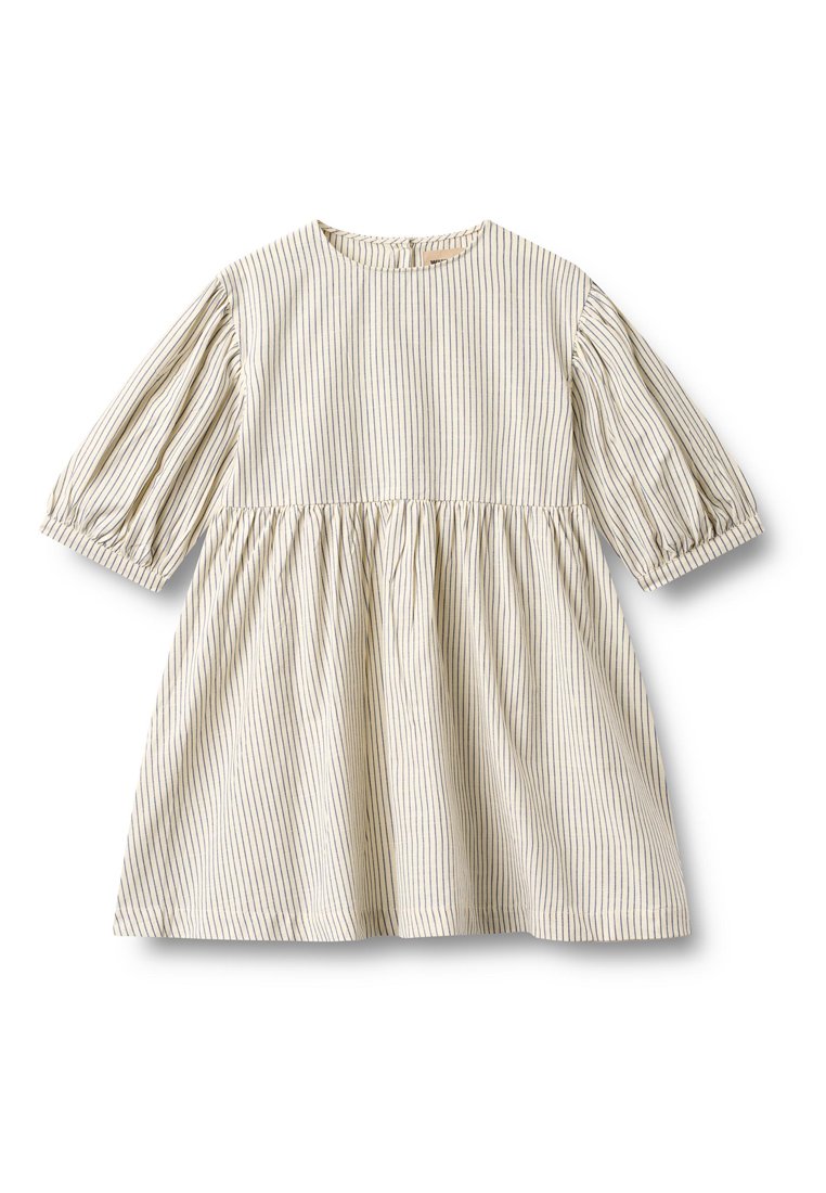Gestreiftes Kleid mit rundem Ausschnitt, Puffärmeln und ausgestelltem Rock. Der Stoff ist leicht, cremefarben mit marineblauen und olivgrünen Streifen.