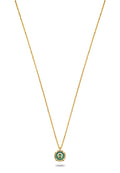 Goldkettchen mit einem runden Anhänger, der ein grün-weißes kreisförmiges Design aufweist, akzentuiert von kleinen klaren Steinen am Rand.