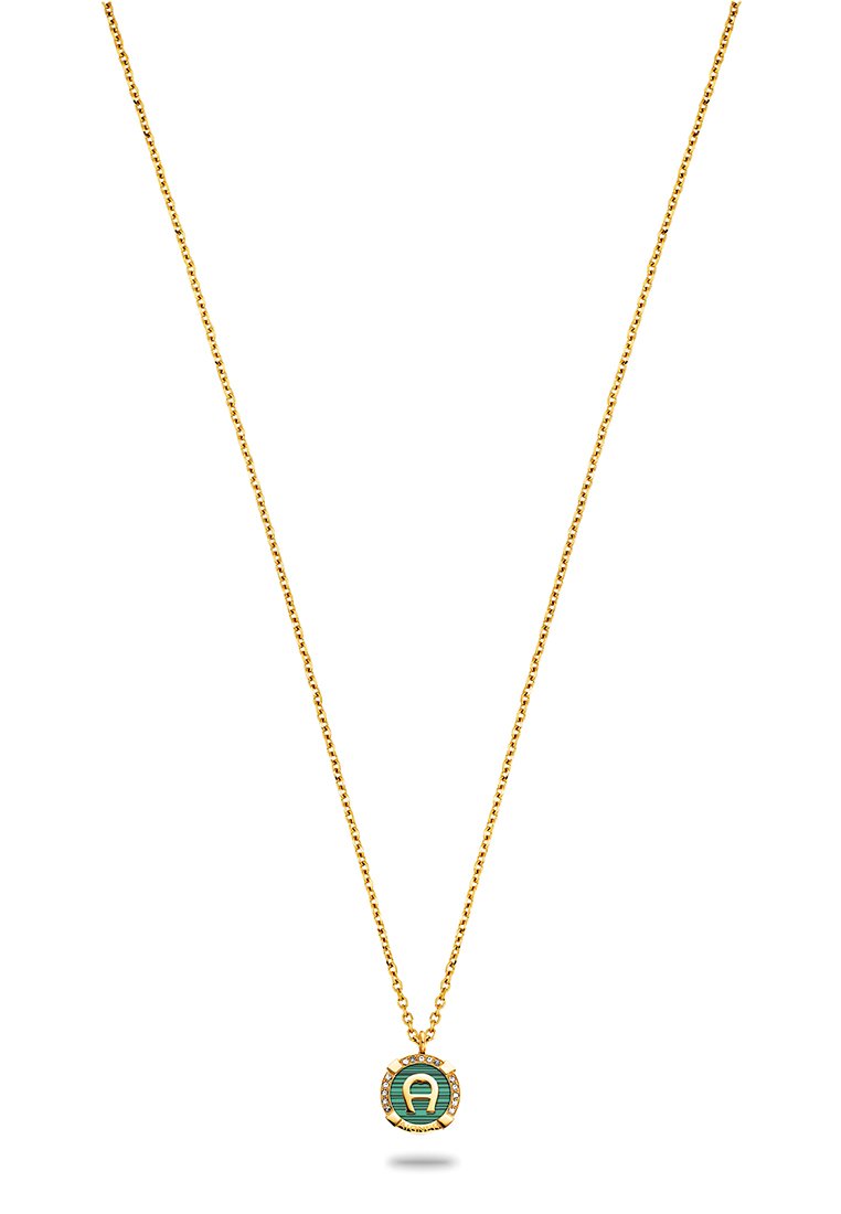 Goldkettchen mit einem runden Anhänger, der ein grün-weißes kreisförmiges Design aufweist, akzentuiert von kleinen klaren Steinen am Rand.