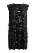Schwarzes ärmelloses Kleid mit strukturierter Oberfläche, bedeckt mit Pailletten und Perlen, rundem Ausschnitt und lässiger Passform.