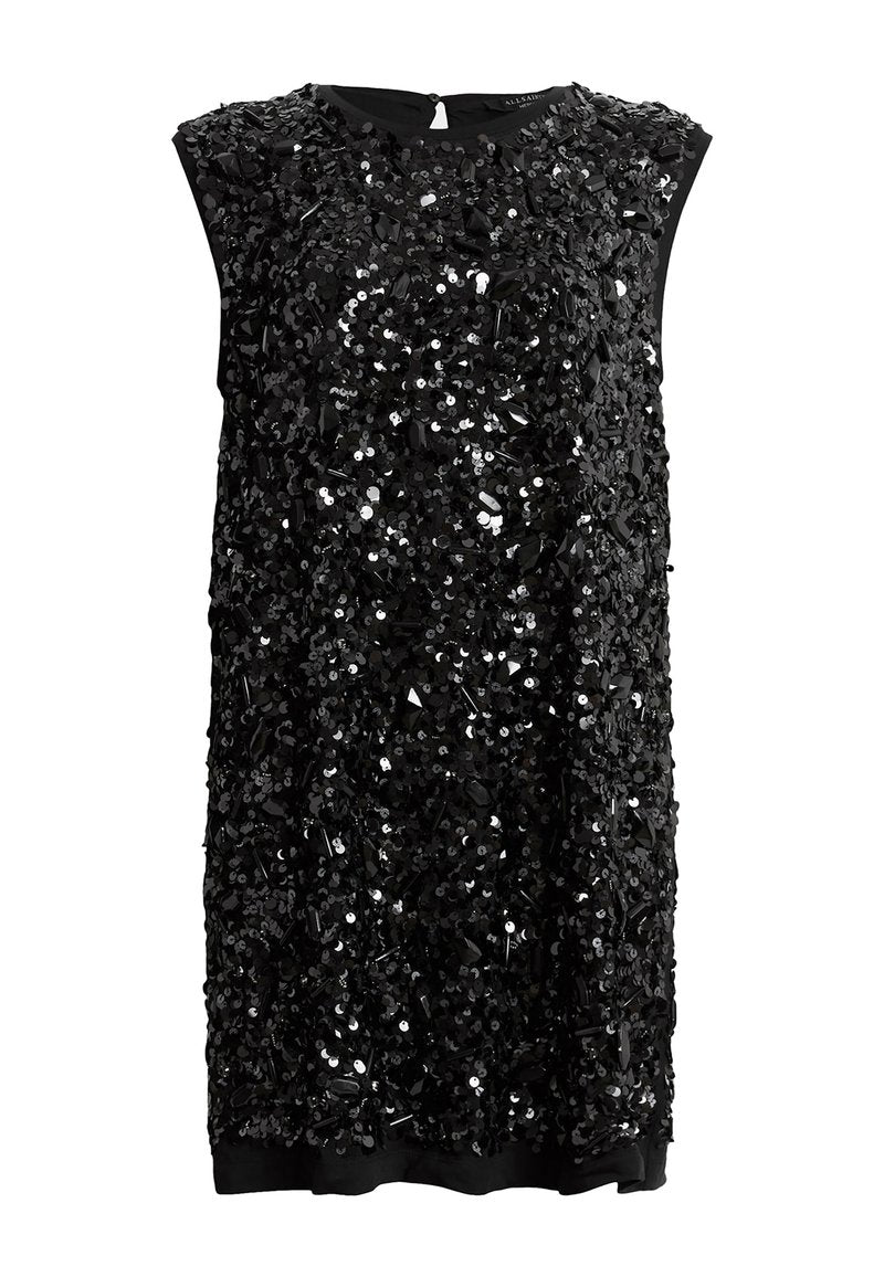 Schwarzes ärmelloses Kleid mit strukturierter Oberfläche, bedeckt mit Pailletten und Perlen, rundem Ausschnitt und lässiger Passform.