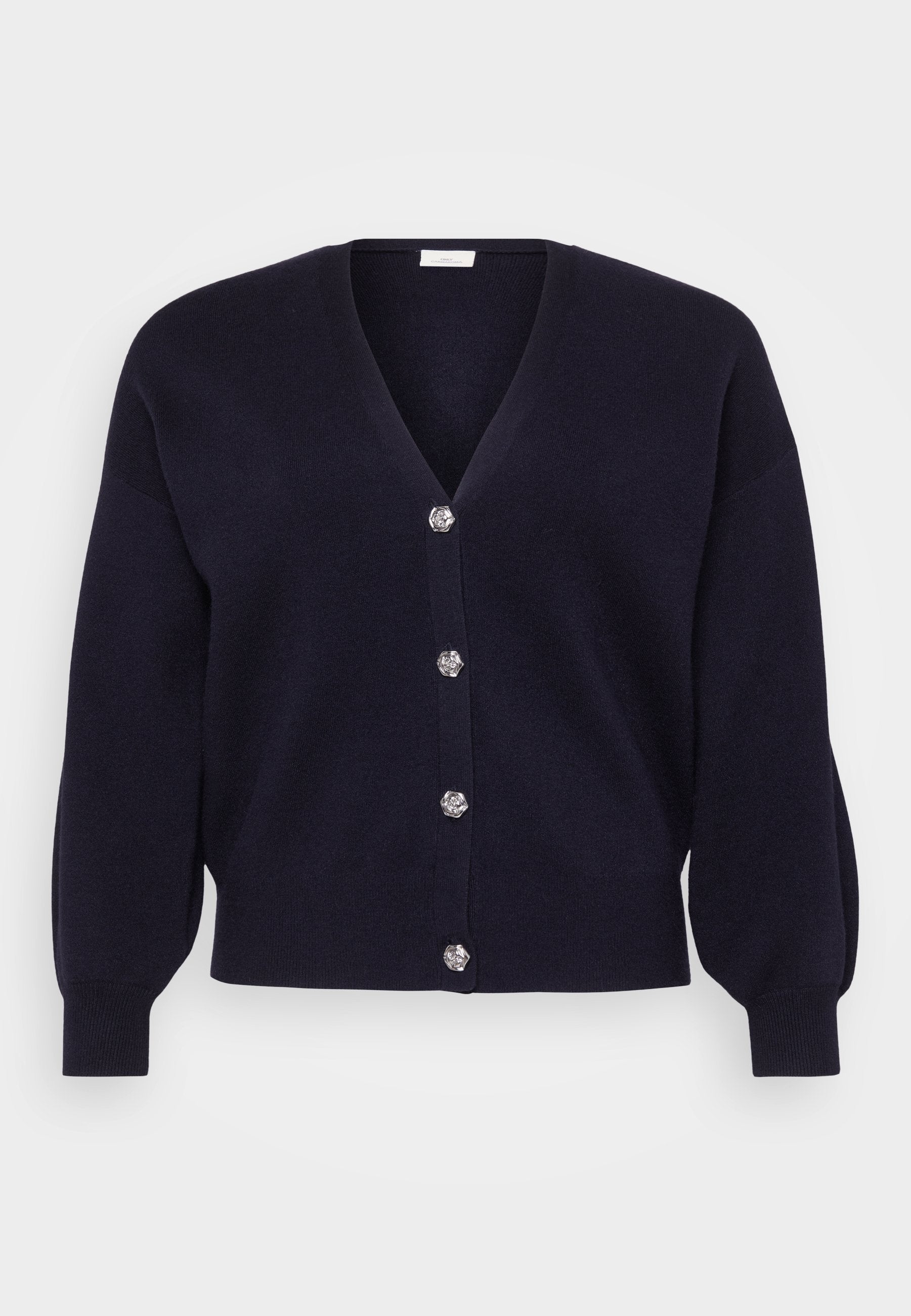 Marineblauer Cardigan aus weichem Stoff mit tiefem V-Ausschnitt, ausgestattet mit sechs dekorativen silbernen Knöpfen und leicht gepufften langen Ärmeln.
