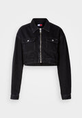 Schwarze, taillierte Jeansjacke mit kragenförmigem Hals, Frontreißverschluss und zwei Brusttaschen. Mit langen Ärmeln und strukturierter Oberfläche.