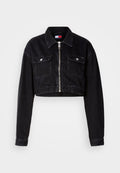 Schwarze, taillierte Jeansjacke mit kragenförmigem Hals, Frontreißverschluss und zwei Brusttaschen. Mit langen Ärmeln und strukturierter Oberfläche.