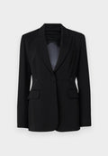 Schwarzer, taillierter Blazer mit Reverskragen, einreißiger Knopfverschluss und zwei Fronttaschen. Aus glattem Material mit einheitlicher Textur gefertigt.