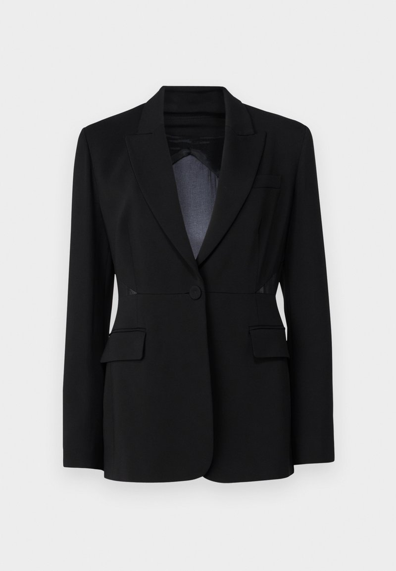 Schwarzer, taillierter Blazer mit Reverskragen, einreißiger Knopfverschluss und zwei Fronttaschen. Aus glattem Material mit einheitlicher Textur gefertigt.