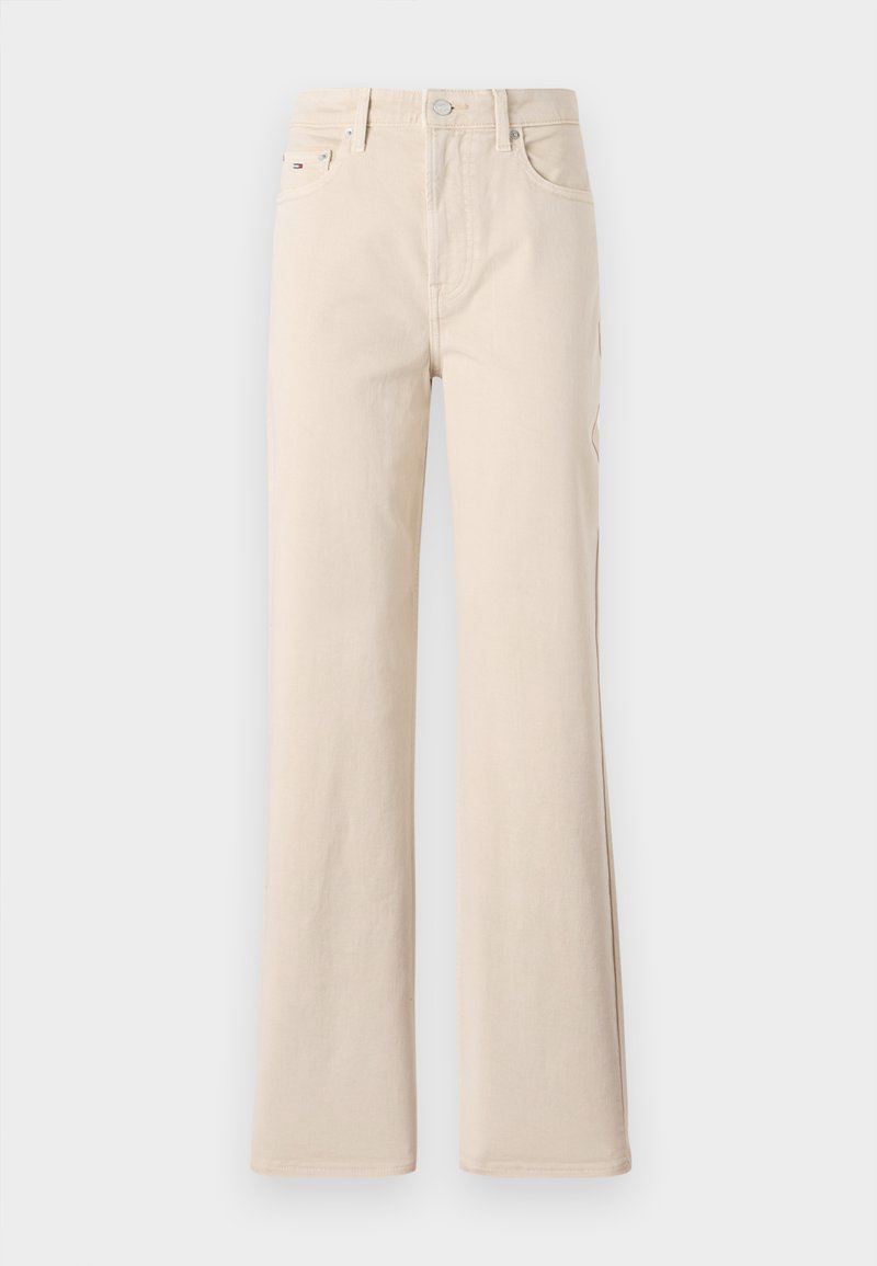 Beige ausgestellte Jeans aus Baumwolle, mit zwei Vordertaschen, einem Knopf- und Reißverschluss, einfachem Design und glatter Textur.