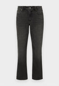 Schwarze Denim-Jeans mit geradem Bein, ausgestattet mit Fronttaschen, einem Knopfverschluss und dezenten Waschungen für Textur.