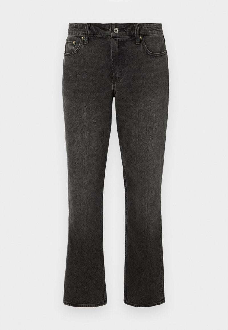 Schwarze Denim-Jeans mit geradem Bein, ausgestattet mit Fronttaschen, einem Knopfverschluss und dezenten Waschungen für Textur.