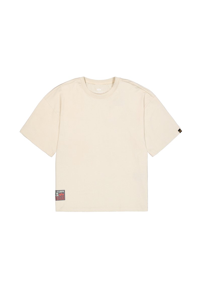 Beige Baumwoll-T-Shirt mit kurzen Ärmeln, rundem Halsausschnitt und einem strukturierten Grafiketikett unten links mit dem Text "LEFT."