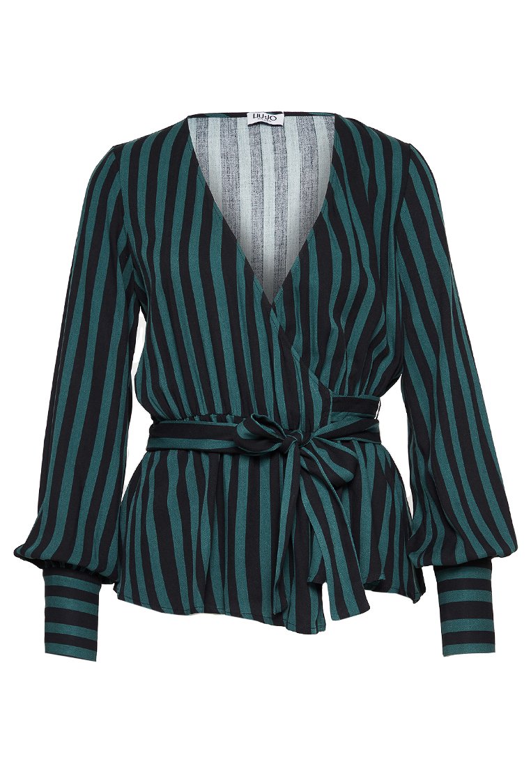 Wickelbluse mit vertikalen teal- und schwarz gestreiften Mustern, tiefem V-Ausschnitt, langen Puffärmeln und einem Stoffgürtel in der Taille.
