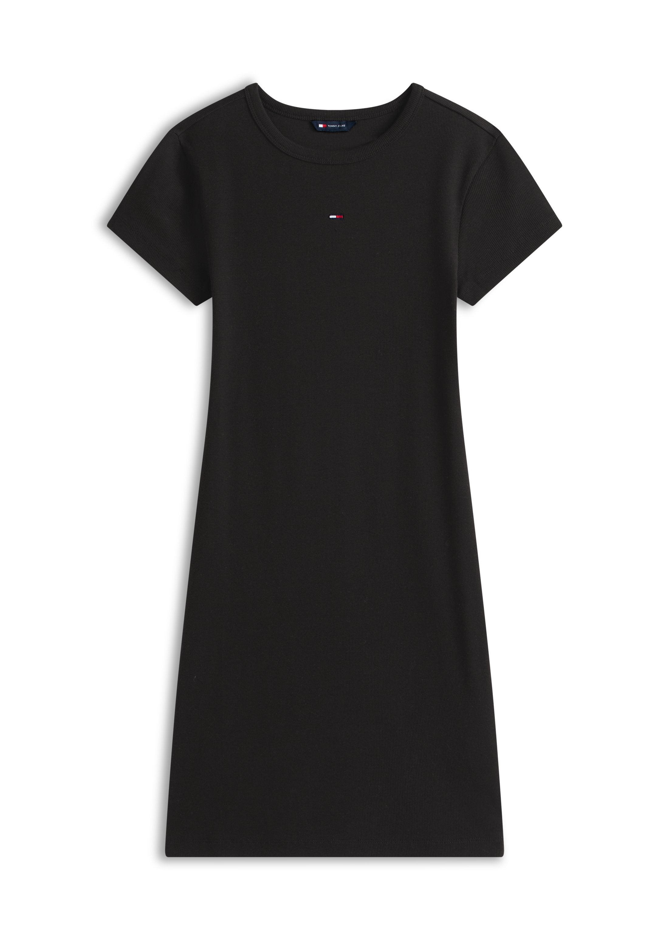 Schwarzes, kurzärmeliges Kleid mit Rundhalsausschnitt und einem kleinen rot-weiß-blauen Logo, das in der Mitte der Brust platziert ist.