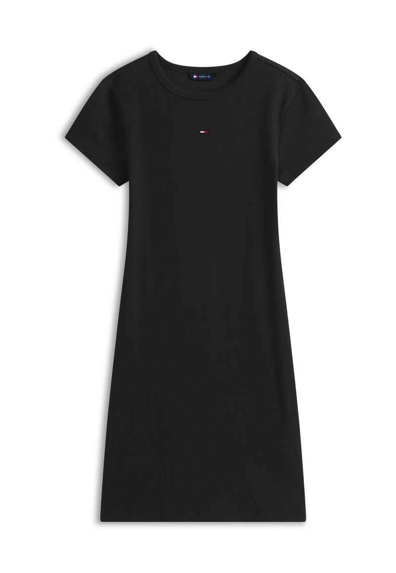 Schwarzes, kurzärmeliges Kleid mit Rundhalsausschnitt und einem kleinen rot-weiß-blauen Logo, das in der Mitte der Brust platziert ist.