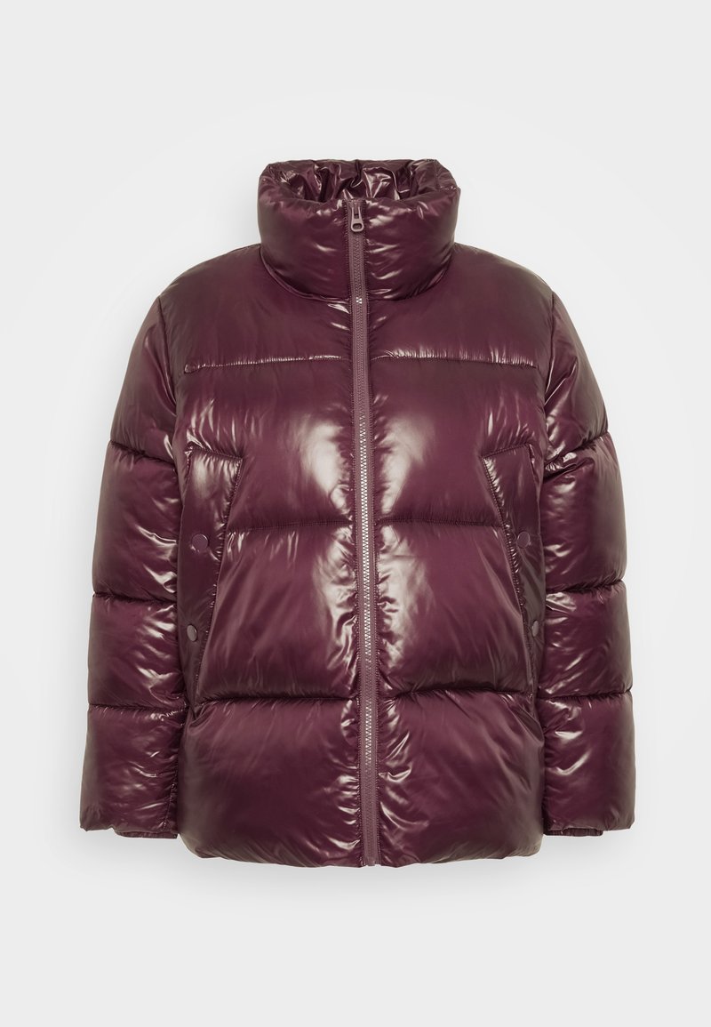 Puffjacke in tiefem Burgunderrot, glänzende Oberfläche, hoher Kragen, vorderer Reißverschluss, zwei Seitentaschen, gestepptes Design mit gepolsterten Abschnitten.