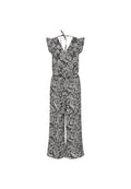 Schwarz-weißes Jumpsuit mit Rüschensleeves, V-Ausschnitt, elastischem Taillenbund und spiralförmigem Zebra-Muster. Weit geschnittene Beine.