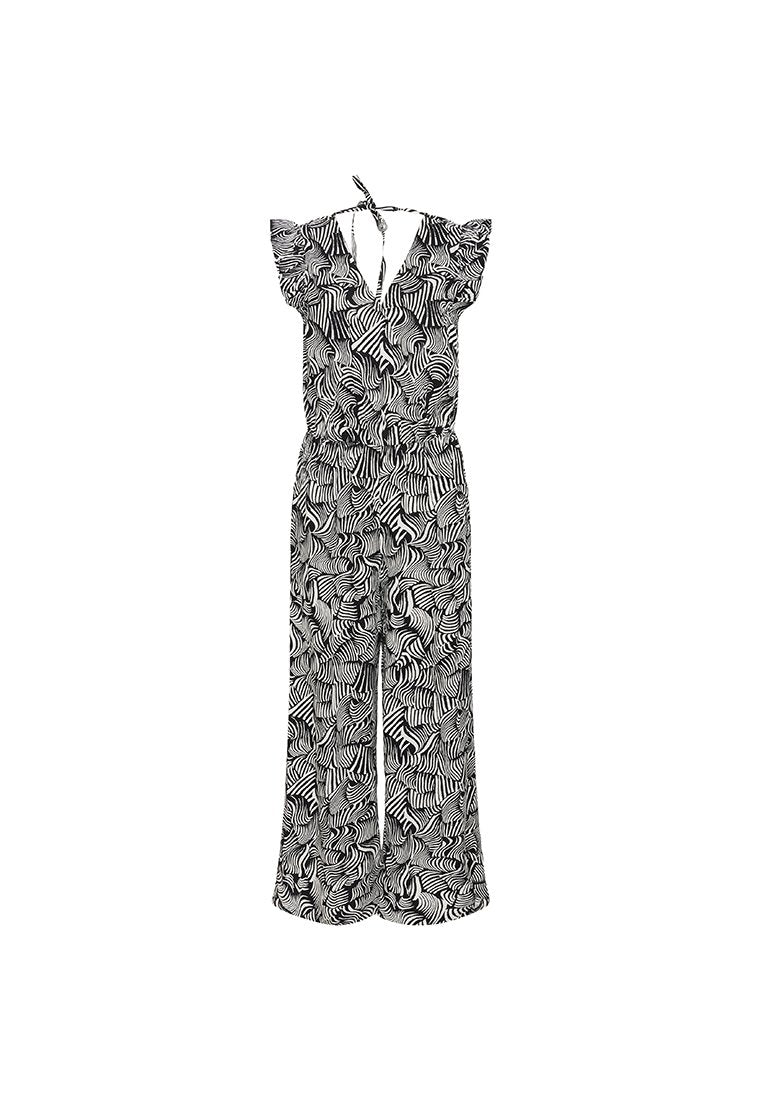 Schwarz-weißes Jumpsuit mit Rüschensleeves, V-Ausschnitt, elastischem Taillenbund und spiralförmigem Zebra-Muster. Weit geschnittene Beine.