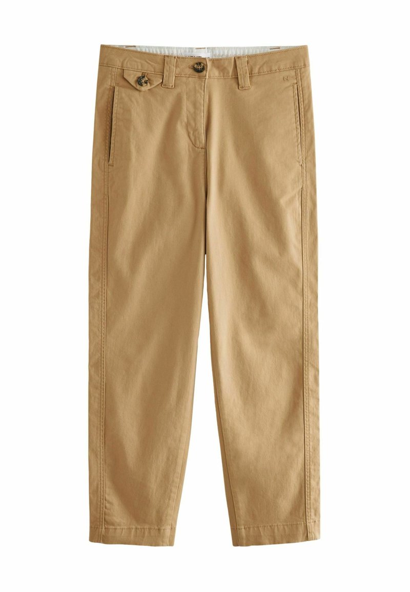 Khaki-Chinos aus Baumwolle mit glatter Textur. Verfügt über einen Knopfverschluss, Seitentaschen und ein gerades Bein-Design.