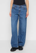 Blaue weit geschnittene Jeans aus Denim, mit hoher Taille, klassischem Fünf-Taschen-Design und einem verblassten Finish mit sichtbaren Steppdetails.