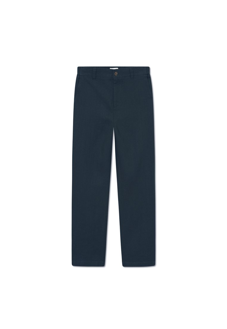 Marineblaue Baumwollhose mit geradem Bein, mit einem einzigen Knopfverschluss an der Taille und zwei seitlichen Taschen.