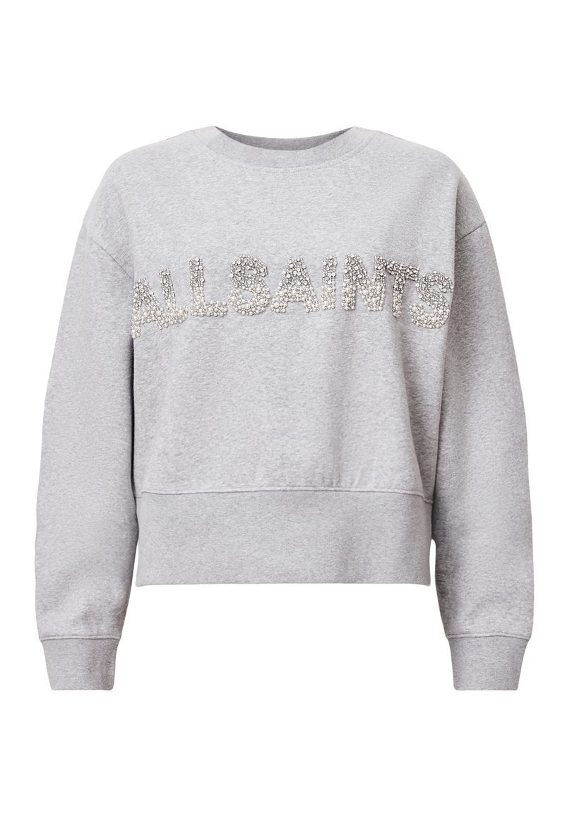 Grauer, kurz geschnittener Sweatshirt mit langen Ärmeln. Verziert mit dem Schriftzug "ALLSAINTS" aus silbernen Strasssteinen auf der Vorderseite. Weiches Material mit strukturiertem Finish.