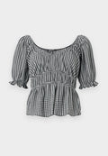 Schwarz-weiße karierte Bluse mit kurzen Puffärmeln, einem quadratischen Ausschnitt und geraffter Taille, mit einem Peplum-Design und Rüschendetails.