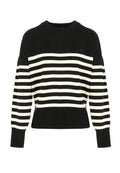 Schwarz-weißer gestreifter Pullover mit rundem Halsausschnitt, langen Ärmeln, gerippten Bündchen und Saum. Das Design zeichnet sich durch breite horizontale Streifen aus.