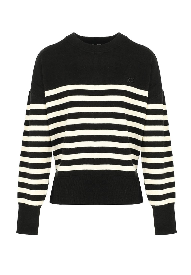 Schwarz-weißer gestreifter Pullover mit rundem Halsausschnitt, langen Ärmeln, gerippten Bündchen und Saum. Das Design zeichnet sich durch breite horizontale Streifen aus.