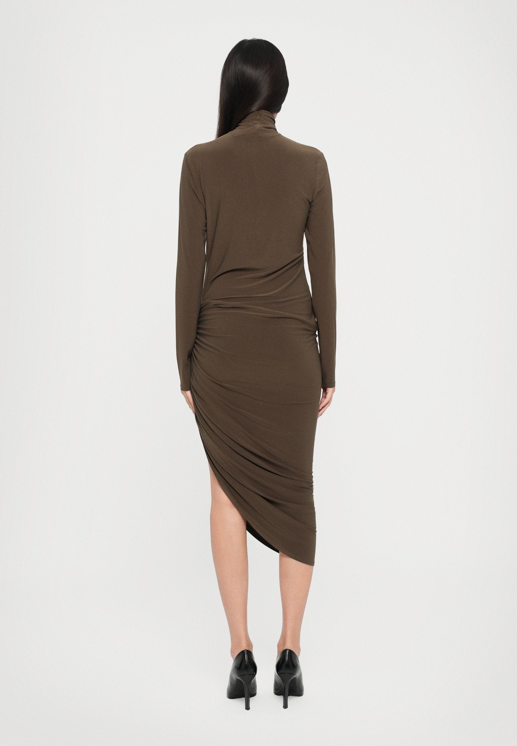 Norma Kamali LONG SLEEVE TURTLENECK SIDE DRAPE DRESS TO MIDCALF