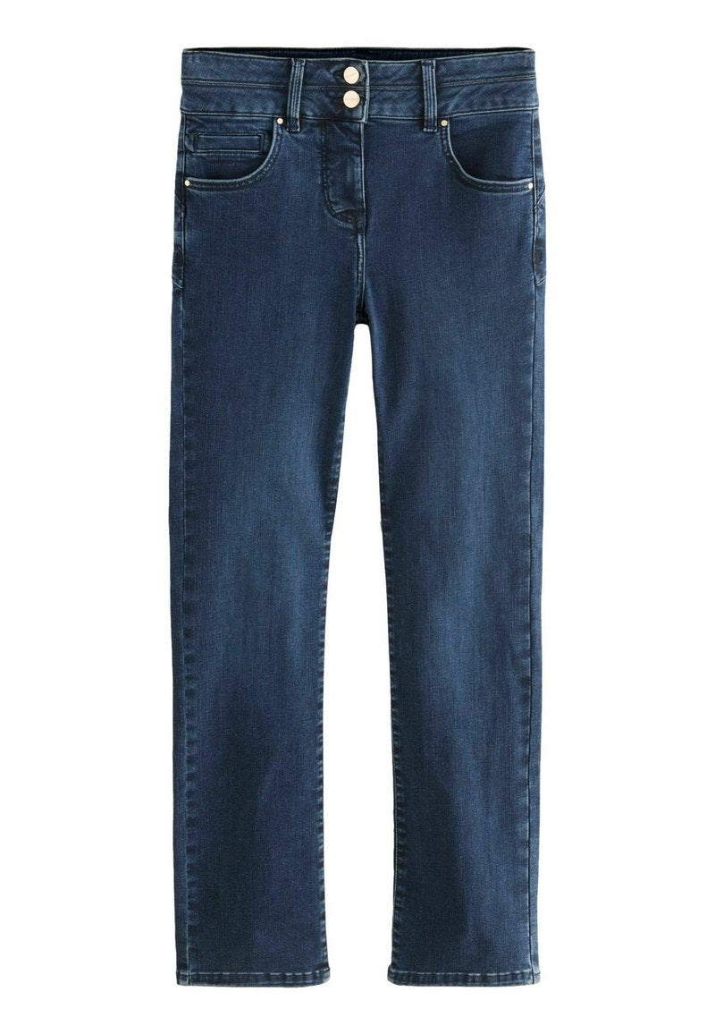 Dunkelblaue Jeans mit geradem Schnitt, zwei Fronttaschen und Metallknopf-Beschlägen. Glatte Textur mit leichter Ausbleichung.