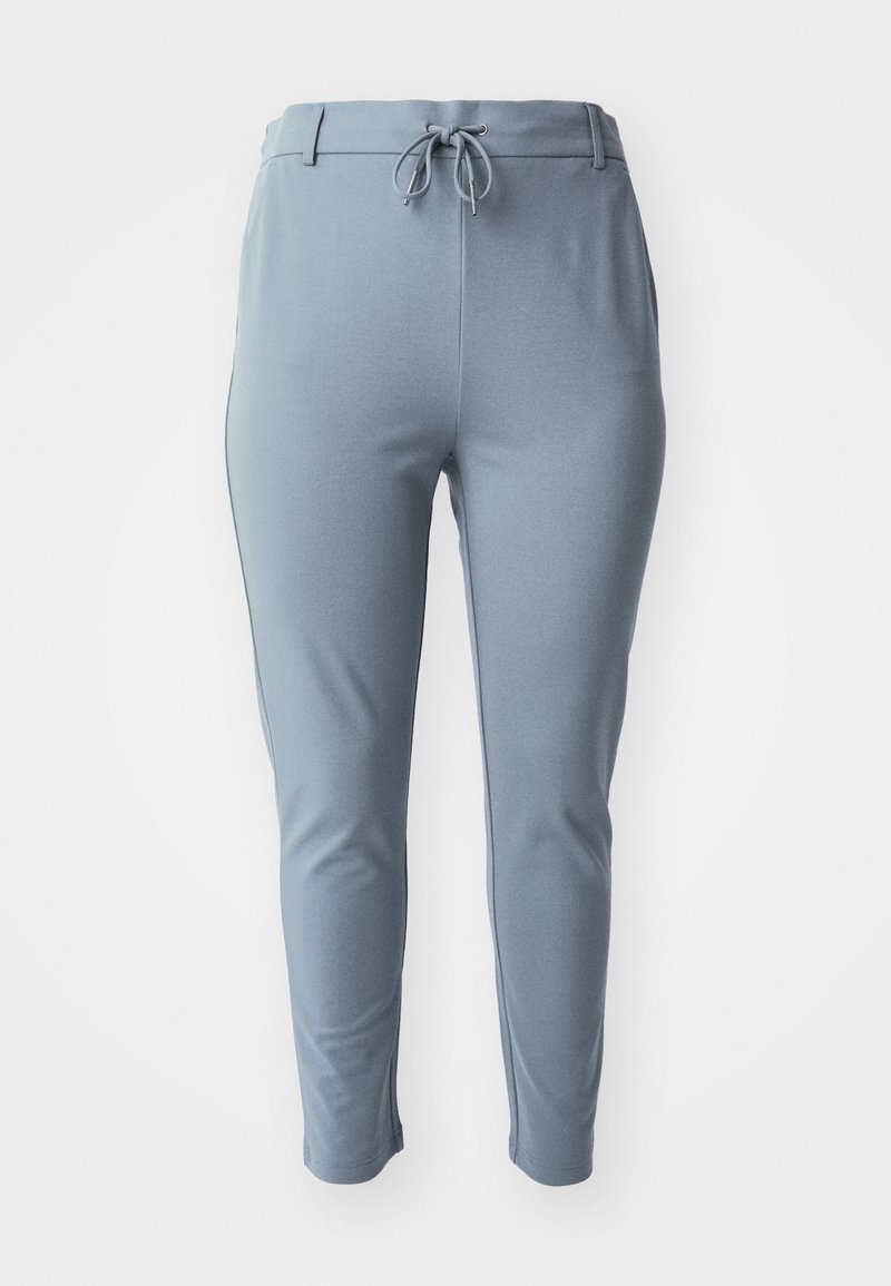 Hellblaue, dehnbare Hose mit schmaler Passform, elastischem Bund und verstellbarem Kordelzug. Mit Seitentaschen und glatter Textur.