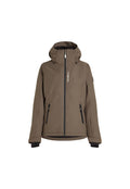 Braune isolierte Jacke mit Reißverschluss vorne, verstellbarer Kapuze und zwei Seitentaschen. Sie zeichnet sich durch einen strukturierten Stoff und ein Logo auf der Brust aus.