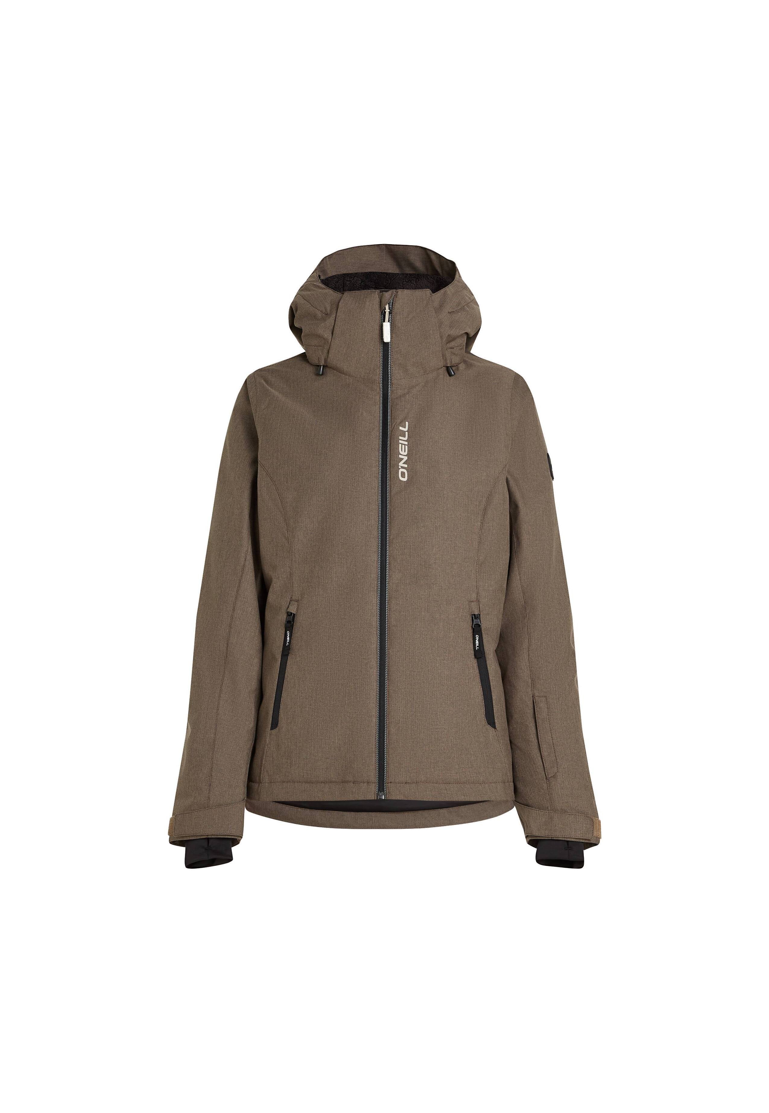 Braune isolierte Jacke mit Reißverschluss vorne, verstellbarer Kapuze und zwei Seitentaschen. Sie zeichnet sich durch einen strukturierten Stoff und ein Logo auf der Brust aus.