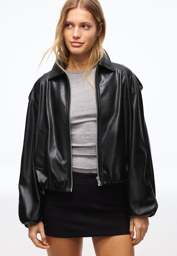 Bershka BALLOON - Faux leather jacket - black