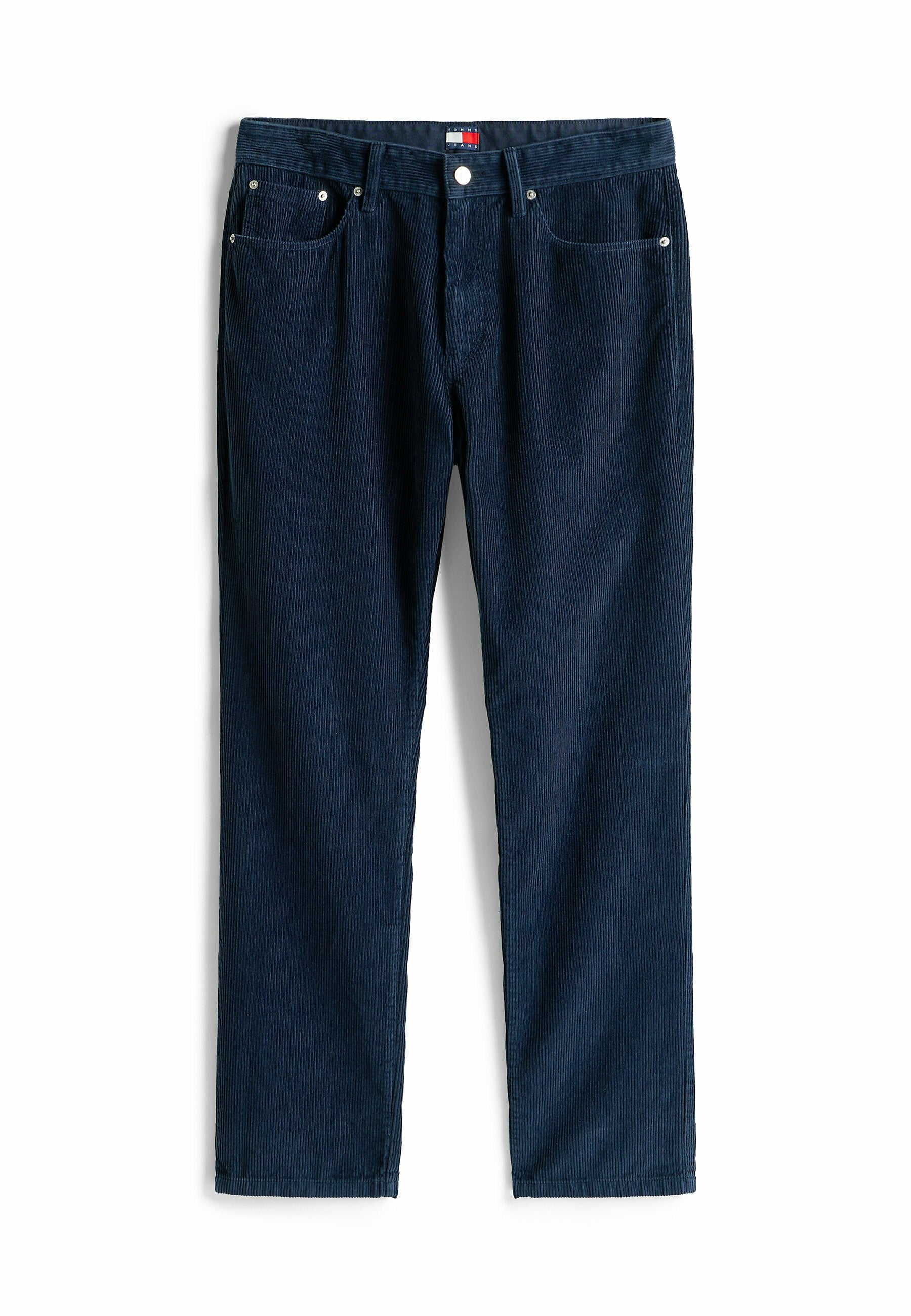 Dunkelblaue Cordhose mit vertikalen Streifen, Fünf-Taschen-Design, Metallbeschlägen und geradem Bein.