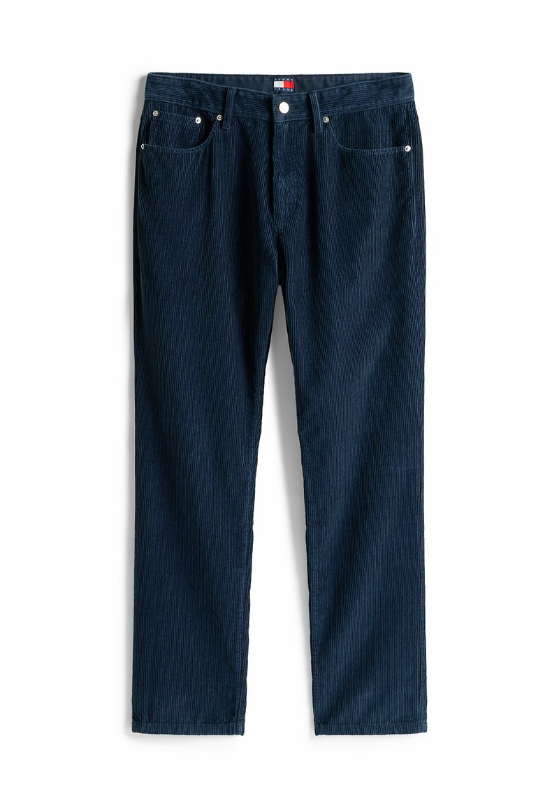 Dunkelblaue Cordhose mit vertikalen Streifen, Fünf-Taschen-Design, Metallbeschlägen und geradem Bein.