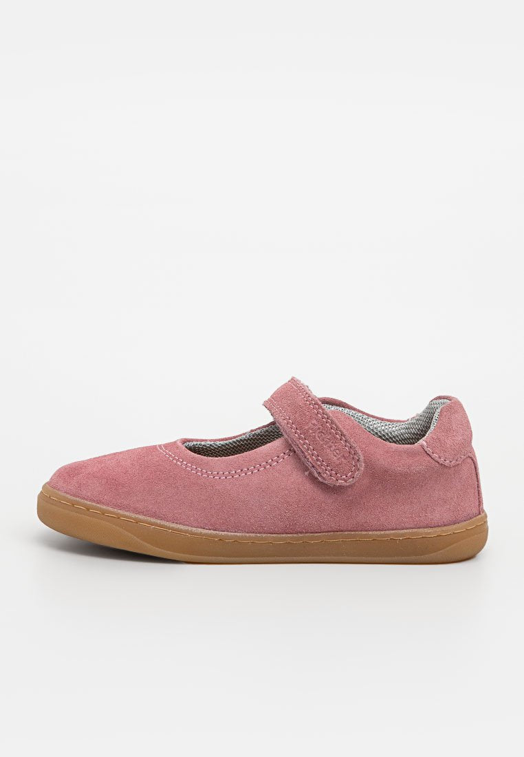 Rosa Wildlederschuhe mit einem Klettverschluss, abgerundeter Zehenpartie und strukturiertem grauem Futter. Verfügt über eine flexible braune Gummisohle für Komfort.