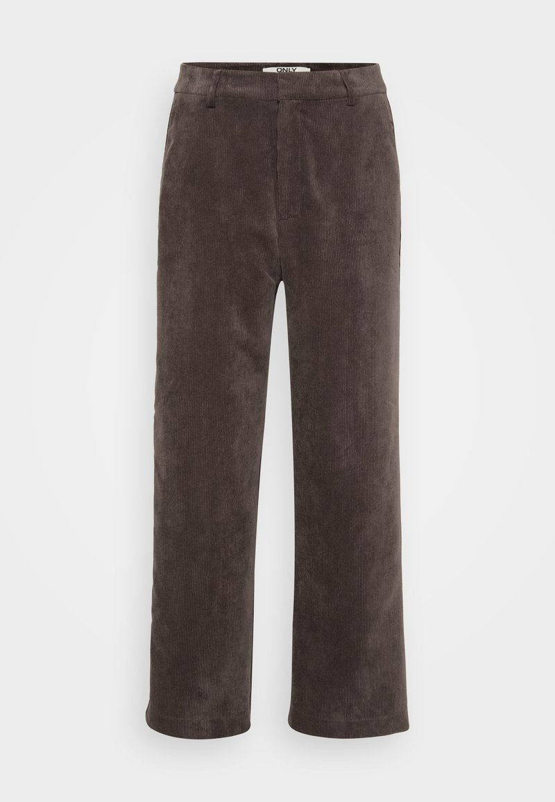 Braune Corduroy-Hose in weiter Form mit strukturiertem Finish, ausgestattet mit einem Standardbund und zwei Vordertaschen.