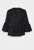 Schwarzes Peplum-Top mit V-Ausschnitt, Knopfblende und ausgestellten Ärmeln. Hergestellt aus strukturierter Stoff mit einer weichen Oberfläche.