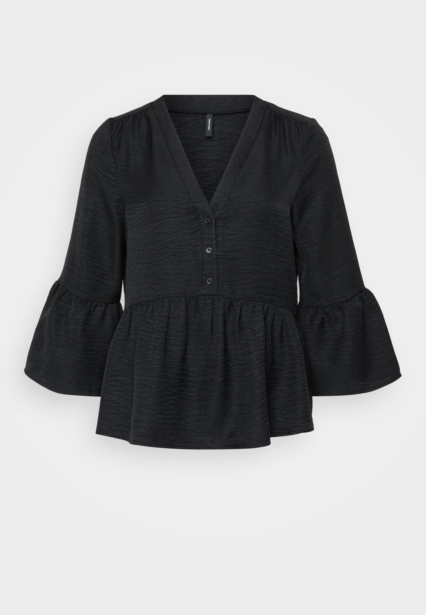 Schwarzes Peplum-Top mit V-Ausschnitt, Knopfblende und ausgestellten Ärmeln. Hergestellt aus strukturierter Stoff mit einer weichen Oberfläche.