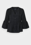 Schwarzes Peplum-Top mit V-Ausschnitt, Knopfblende und ausgestellten Ärmeln. Hergestellt aus strukturierter Stoff mit einer weichen Oberfläche.