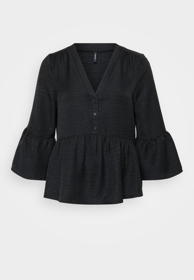 Schwarzes Peplum-Top mit V-Ausschnitt, Knopfblende und ausgestellten Ärmeln. Hergestellt aus strukturierter Stoff mit einer weichen Oberfläche.