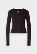 Schwarze lange Strickjacke mit rundem Ausschnitt, vorderen Knöpfen, gerippten Bündchen und Saum. Verfügt über ein kleines Logo auf der linken Brust.