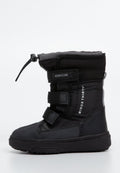 Schwarzer wasserdichter Winterstiefel mit Klettverschlüssen, runder Zehenpartie, gepolsterter Kante und strukturiertem Synthetik-Obermaterial; hat eine Zuglasche oben.