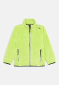 Fleecejacke in leuchtendem Limettengrün, mit hohem Kragen, zwei Reißverschlusstaschen und schwarzen Akzenten entlang der Reißverschlüsse und des Saums.