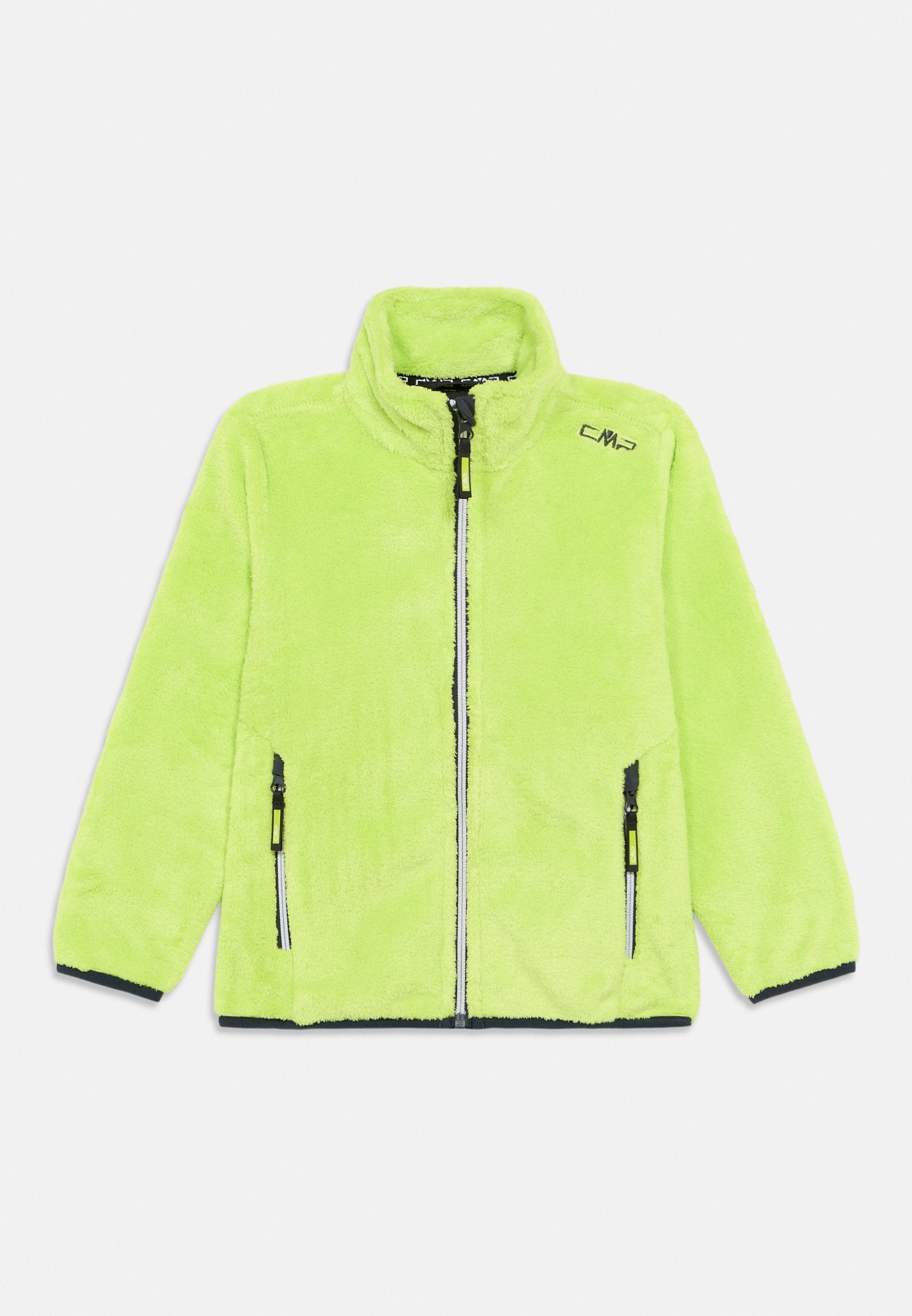 Fleecejacke in leuchtendem Limettengrün, mit hohem Kragen, zwei Reißverschlusstaschen und schwarzen Akzenten entlang der Reißverschlüsse und des Saums.