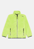 Fleecejacke in leuchtendem Limettengrün, mit hohem Kragen, zwei Reißverschlusstaschen und schwarzen Akzenten entlang der Reißverschlüsse und des Saums.