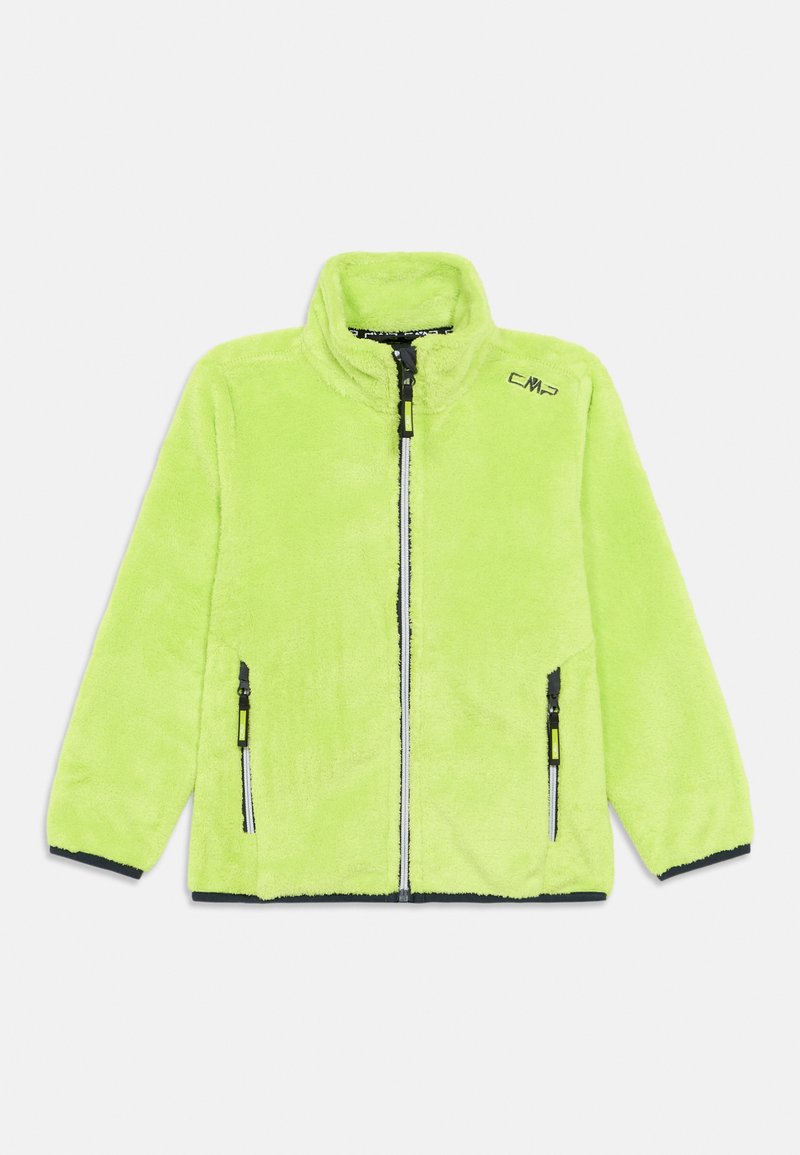 Fleecejacke in leuchtendem Limettengrün, mit hohem Kragen, zwei Reißverschlusstaschen und schwarzen Akzenten entlang der Reißverschlüsse und des Saums.