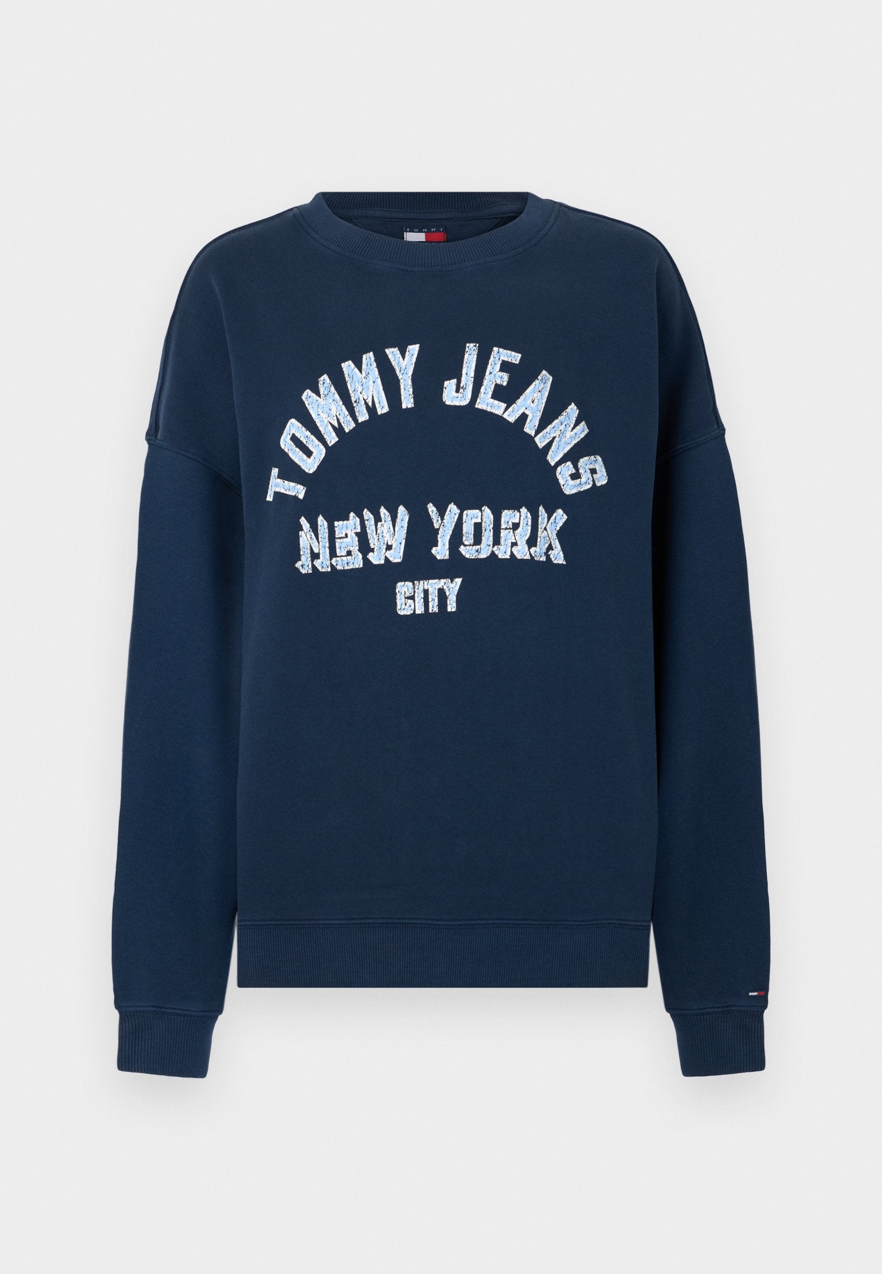 Marineblaue Sweatshirt mit großem weißen Schriftzug "TOMMY JEANS NEW YORK CITY". Verfügt über einen Rundhalsausschnitt und gerippte Bündchen.