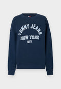 Marineblaue Sweatshirt mit großem weißen Schriftzug "TOMMY JEANS NEW YORK CITY". Verfügt über einen Rundhalsausschnitt und gerippte Bündchen.